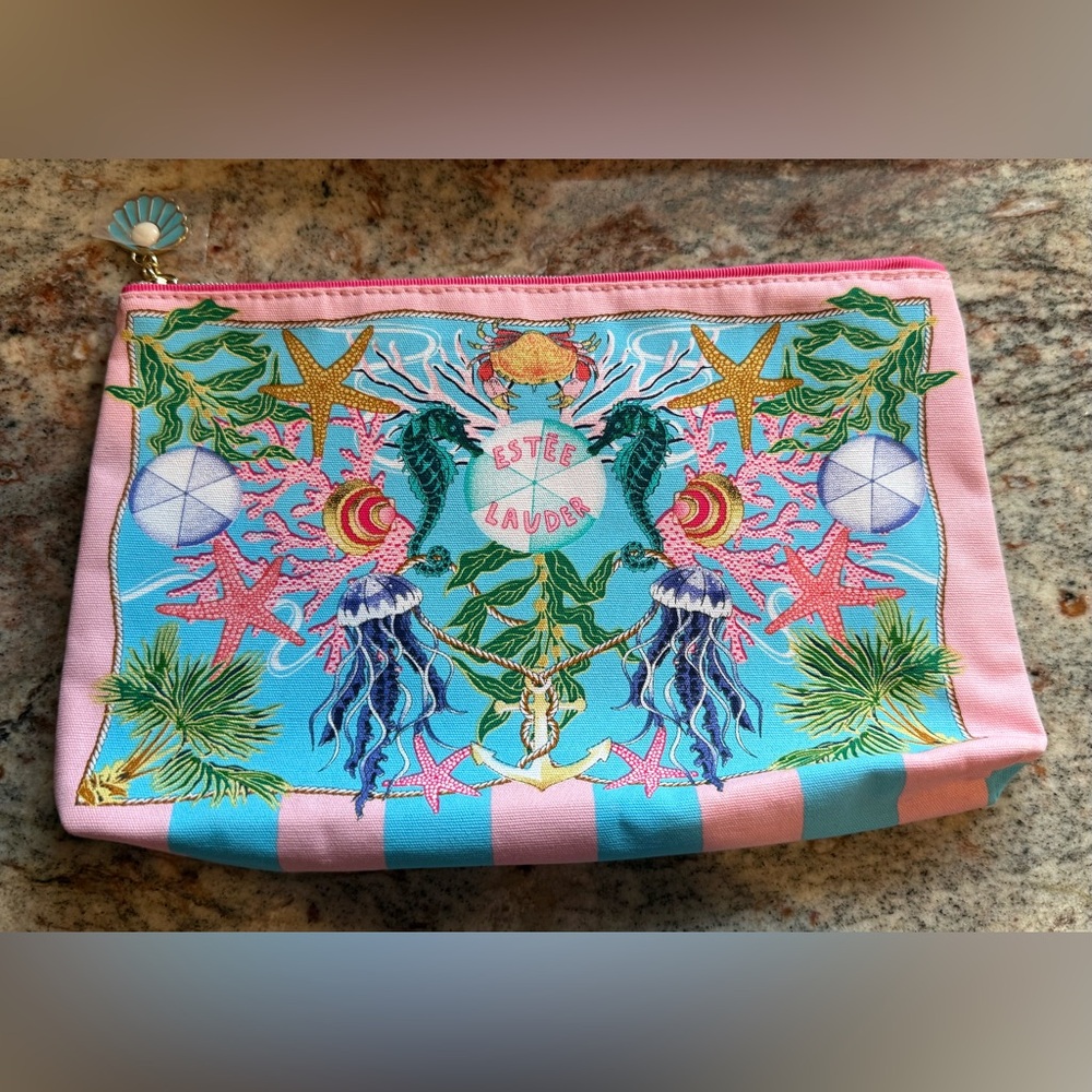 Estee Lauder Pink and Blue Striped Beach Scene, Starfish, Seahorse, Anchor Pouch